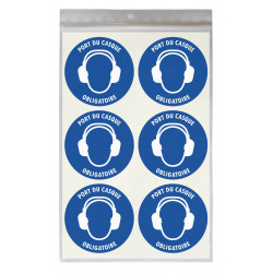 Stickers PORT DU CASQUE AUDITIF OBLIGATOIRE M003 - Taille Ø 5 cm - Lot de 18 autocollants