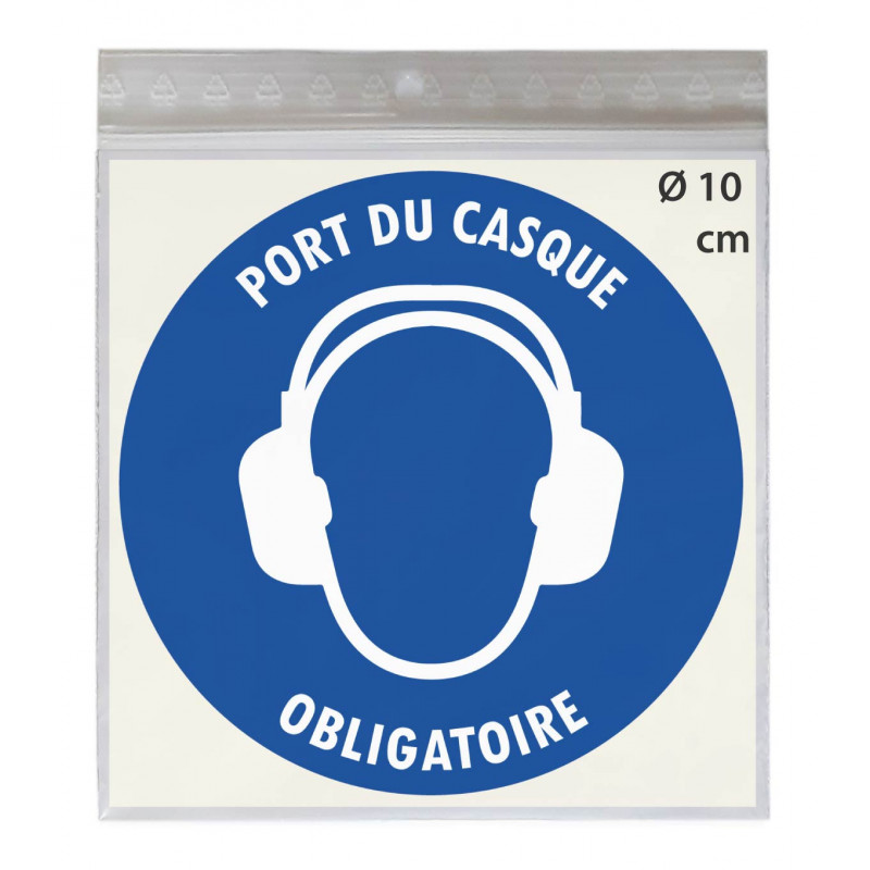 Stickers PORT DU CASQUE AUDITIF OBLIGATOIRE M003 - Taille Ø 10 cm - Lot de 4 autocollants