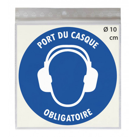 Stickers PORT DU CASQUE AUDITIF OBLIGATOIRE M003 - Taille Ø 10 cm - Lot de 4 autocollants