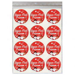 Étiquettes JOYEUX NOËL (fond rouge) personnalisables avec 4 prénoms - Pastilles rondes Ø 35 mm - Lot de 24 étiquettes