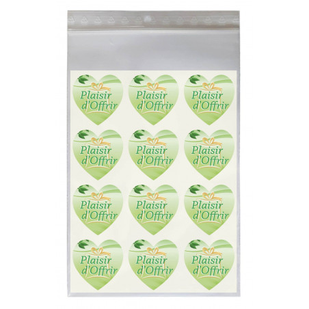 Étiquettes PLAISIR D'OFFRIR (vert) - En forme de Coeur 35 mm - Lot de 36 exemplaires