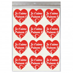 Étiquettes JE T'AIME personnalisables avec 4 prénoms - En forme de Coeur 35 mm - Lot de 24 étiquettes