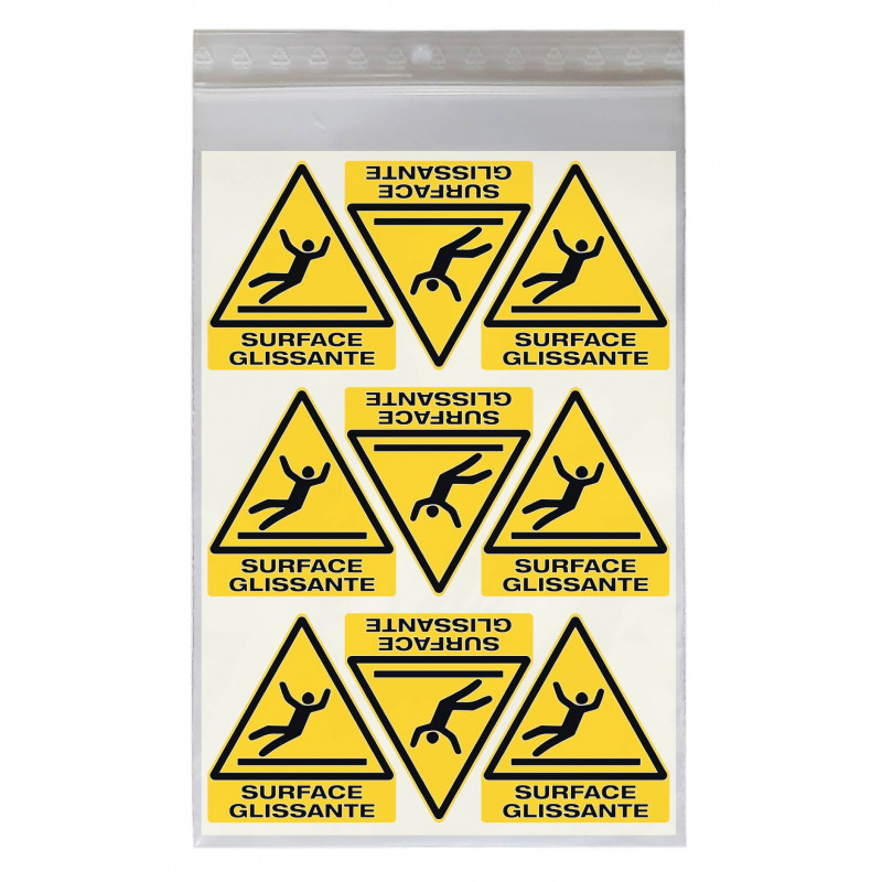 Stickers DANGER SURFACE GLISSANTE W011 - Taille 4,5 x 5 cm - Lot de 18 autocollants