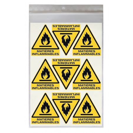 Stickers DANGER MATIÈRES INFLAMMABLES W021 - Taille 4,5 x 5 cm - Lot de 18 autocollants